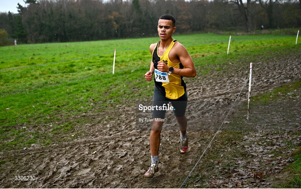 7 December 2025; Kyrell Mtinsi of Kilkenny City Harriers AC, Kilkenny, competing in the U17 Boys 4500m during the 123.ie National Novice and Juvenile Uneven Age Cross Country Championships at the Sport Ireland National Cross Country Track in Abbotstown, Dublin. Photo by Tyler Miller/Sportsfile