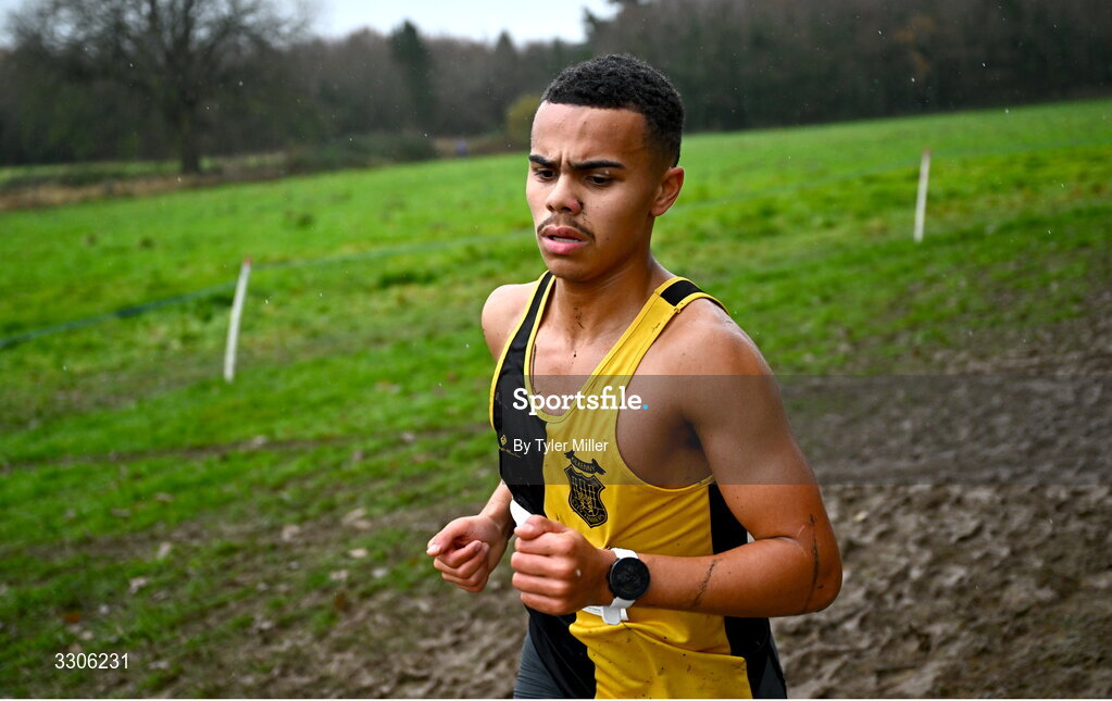 7 December 2025; Kyrell Mtinsi of Kilkenny City Harriers AC, Kilkenny, competing in the U17 Boys 4500m during the 123.ie National Novice and Juvenile Uneven Age Cross Country Championships at the Sport Ireland National Cross Country Track in Abbotstown, Dublin. Photo by Tyler Miller/Sportsfile