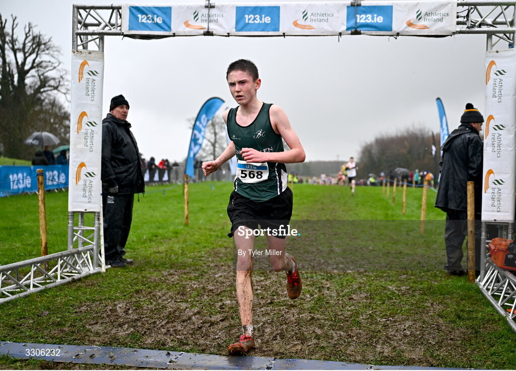 7 December 2025; Finn Elliott of Enniskillen RC, Fermanagh, competing in the U17 Boys 4500m during the 123.ie National Novice and Juvenile Uneven Age Cross Country Championships at the Sport Ireland National Cross Country Track in Abbotstown, Dublin. Photo by Tyler Miller/Sportsfile