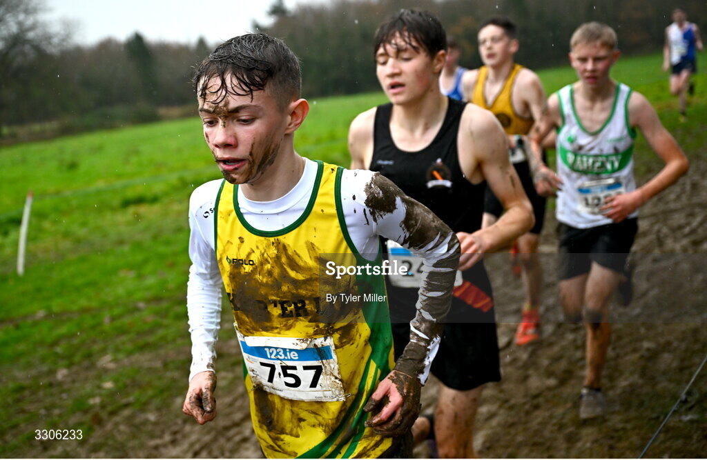 7 December 2025; Charlie Taggart of Keep 'Er Lit, Antrim, left, competing in the U17 Boys 4500m during the 123.ie National Novice and Juvenile Uneven Age Cross Country Championships at the Sport Ireland National Cross Country Track in Abbotstown, Dublin. Photo by Tyler Miller/Sportsfile