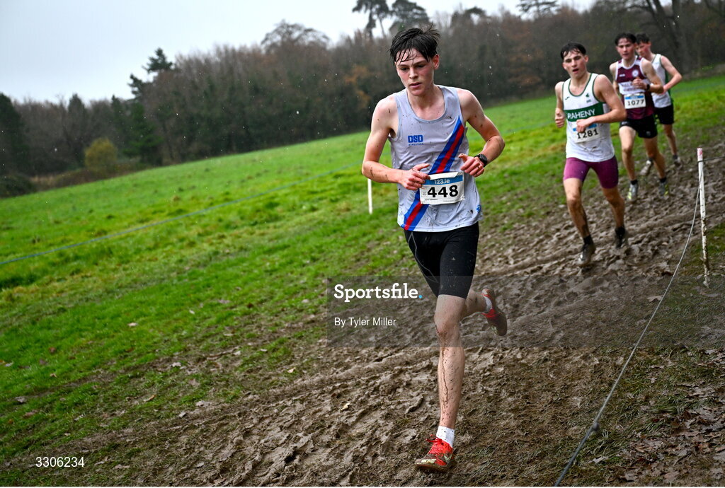 7 December 2025; Ewan Kennedy of Dundrum South Dublin AC, Dublin, competing in the U17 Boys 4500m during the 123.ie National Novice and Juvenile Uneven Age Cross Country Championships at the Sport Ireland National Cross Country Track in Abbotstown, Dublin. Photo by Tyler Miller/Sportsfile