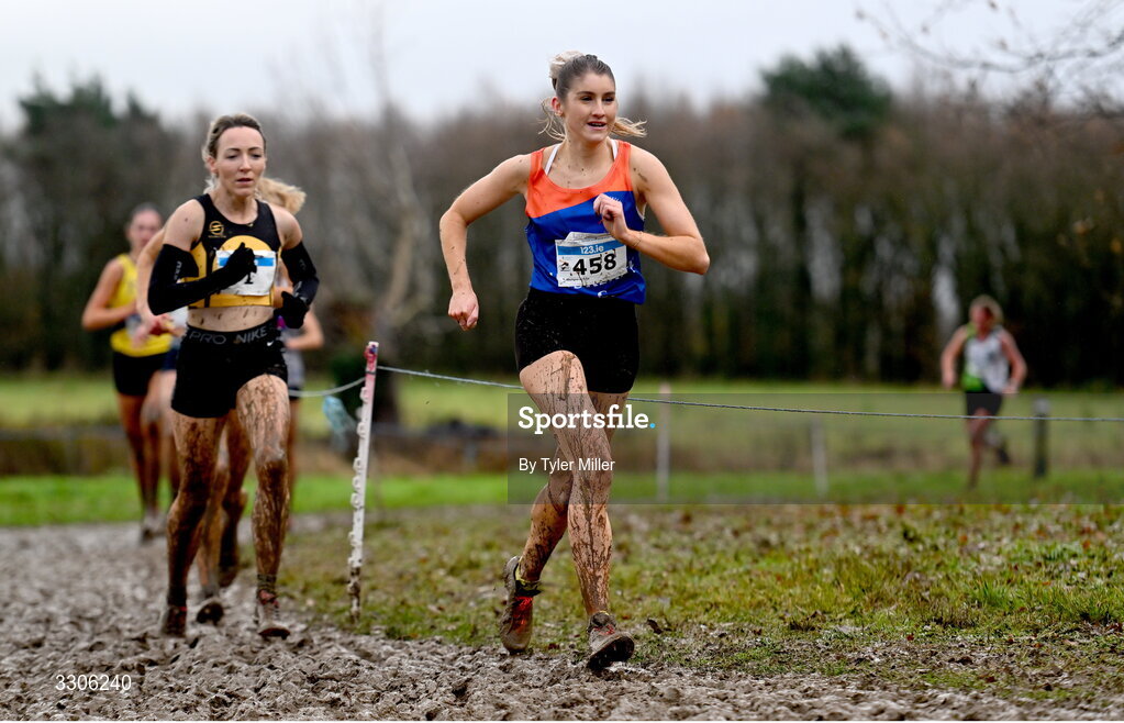 7 December 2025; Stephanie Cotter of West Muskerry AC, Cork, right, and Dearbhla Cox of Annadale Striders, Antrim, compete in the Novice Women 4000m competes in the Novice Women 4000m during the 123.ie National Novice and Juvenile Uneven Age Cross Country Championships at the Sport Ireland National Cross Country Track in Abbotstown, Dublin. Photo by Tyler Miller/Sportsfile