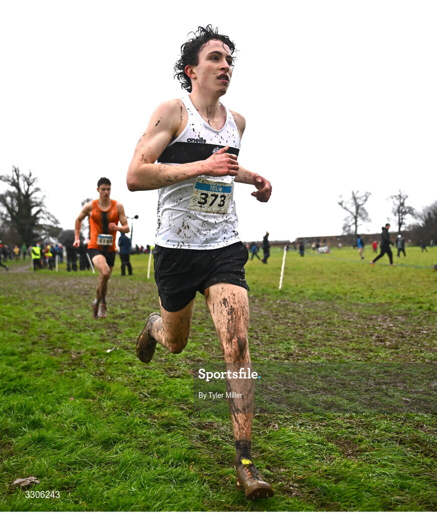7 December 2025; Harry Moran of Donore Harriers AC, Dublin, competing in the U19 Boys 5000m during the 123.ie National Novice and Juvenile Uneven Age Cross Country Championships at the Sport Ireland National Cross Country Track in Abbotstown, Dublin. Photo by Tyler Miller/Sportsfile