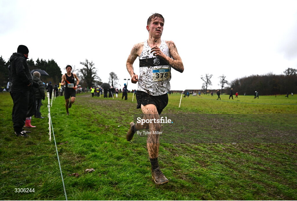 7 December 2025; Charlie White of Donore Harriers AC, Dublin, competing in the U19 Boys 5000m during the 123.ie National Novice and Juvenile Uneven Age Cross Country Championships at the Sport Ireland National Cross Country Track in Abbotstown, Dublin. Photo by Tyler Miller/Sportsfile