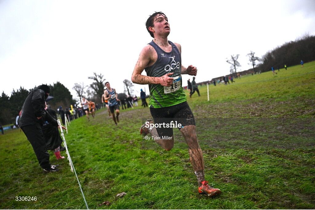 7 December 2025; Shea O'Donnell of Ace Athletics Club, Louth, competing in the U19 Boys 5000m during the 123.ie National Novice and Juvenile Uneven Age Cross Country Championships at the Sport Ireland National Cross Country Track in Abbotstown, Dublin. Photo by Tyler Miller/Sportsfile