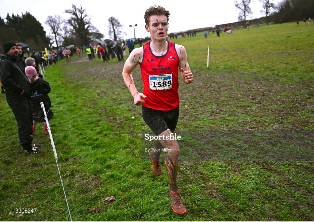 7 December 2025; Caolán Gilbride of Tír Chonaill AC, Donegal, competing in the U19 Boys 5000m during the 123.ie National Novice and Juvenile Uneven Age Cross Country Championships at the Sport Ireland National Cross Country Track in Abbotstown, Dublin. Photo by Tyler Miller/Sportsfile