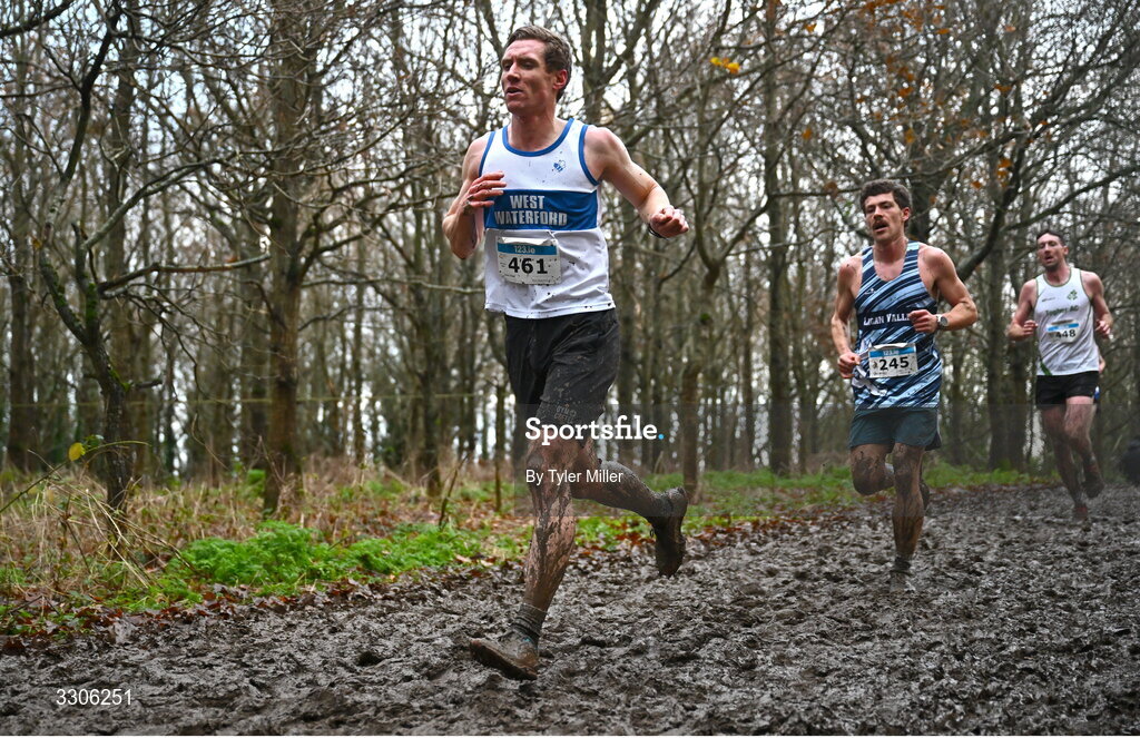 7 December 2025; Justin Ryan of West Waterford AC, Waterford, competes in the Novice Men 6000m during the 123.ie National Novice and Juvenile Uneven Age Cross Country Championships at the Sport Ireland National Cross Country Track in Abbotstown, Dublin. Photo by Tyler Miller/Sportsfile