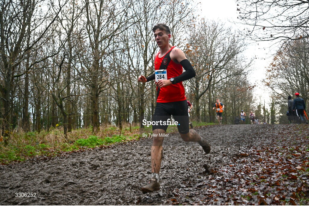7 December 2025; Dylan Wright of Lucan Harriers AC, Dublin, competes in the Novice Men 6000m during the 123.ie National Novice and Juvenile Uneven Age Cross Country Championships at the Sport Ireland National Cross Country Track in Abbotstown, Dublin. Photo by Tyler Miller/Sportsfile