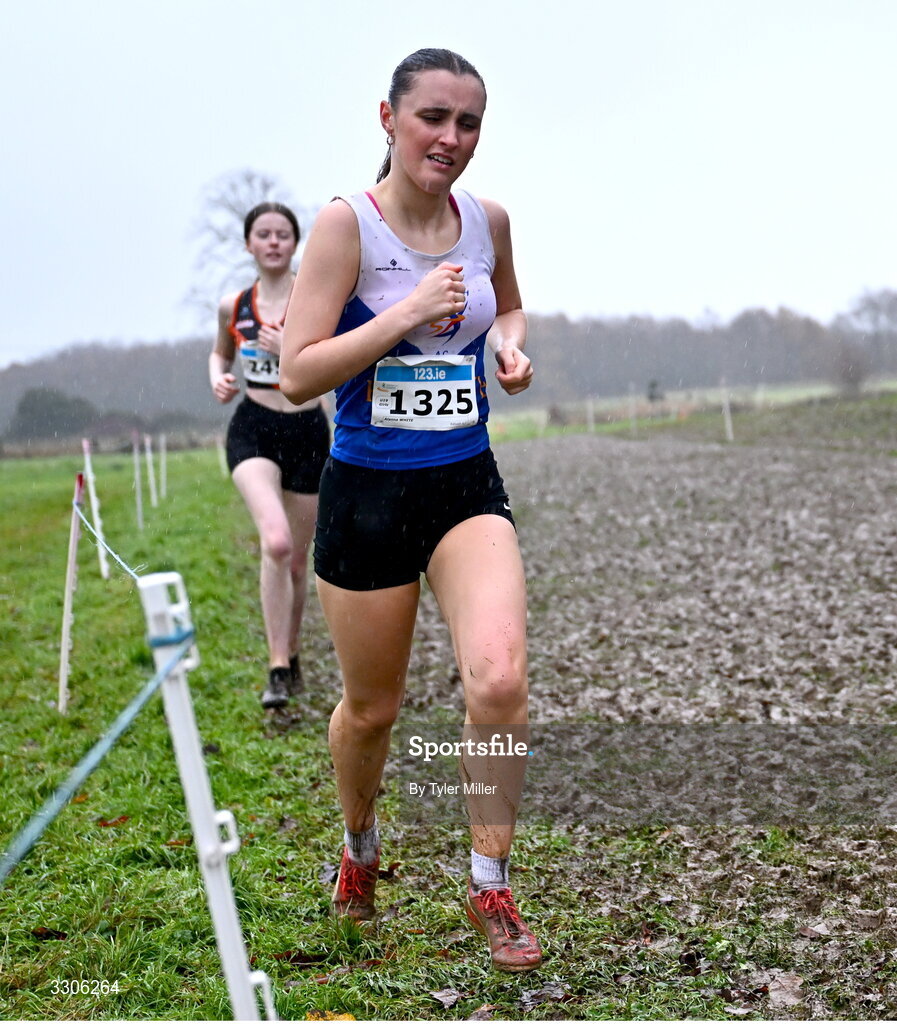 7 December 2025; Alanna White of Ratoath AC, Meath, competing in the U19 Girls 5000m during the 123.ie National Novice and Juvenile Uneven Age Cross Country Championships at the Sport Ireland National Cross Country Track in Abbotstown, Dublin. Photo by Tyler Miller/Sportsfile