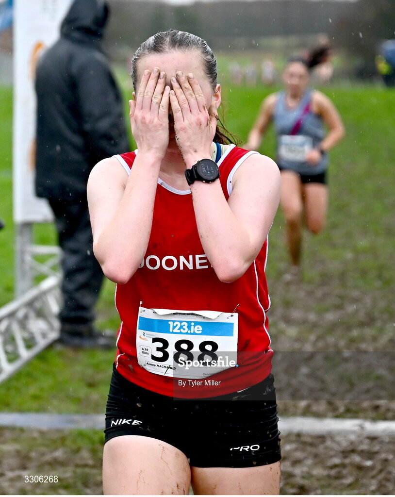7 December 2025; Aimee Mac Mahon of Dooneen AC, Limerick, after competing in the U19 Girls 5000m during the 123.ie National Novice and Juvenile Uneven Age Cross Country Championships at the Sport Ireland National Cross Country Track in Abbotstown, Dublin. Photo by Tyler Miller/Sportsfile