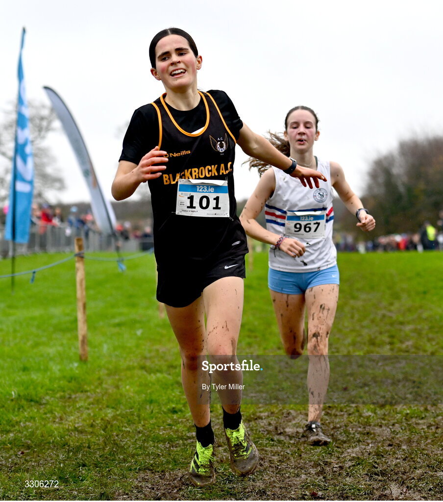 7 December 2025; Isabel Oreilly of Blackrock AC, Dublin, competing in the U17 Girls 4500m during the 123.ie National Novice and Juvenile Uneven Age Cross Country Championships at the Sport Ireland National Cross Country Track in Abbotstown, Dublin. Photo by Tyler Miller/Sportsfile