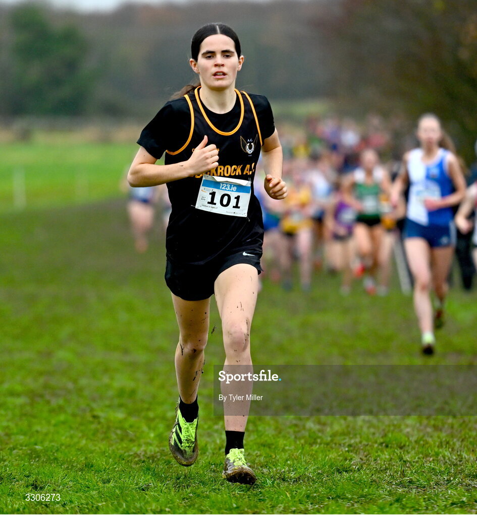 7 December 2025; Isabel Oreilly of Blackrock AC, Dublin, competing in the U17 Girls 4500m during the 123.ie National Novice and Juvenile Uneven Age Cross Country Championships at the Sport Ireland National Cross Country Track in Abbotstown, Dublin. Photo by Tyler Miller/Sportsfile