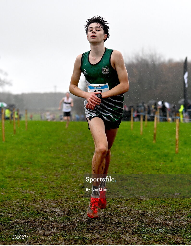 7 December 2025; Evan Tosh of Ballymena and Antrim AC, Antrim, competing in the U17 Boys 4500m during the 123.ie National Novice and Juvenile Uneven Age Cross Country Championships at the Sport Ireland National Cross Country Track in Abbotstown, Dublin. Photo by Tyler Miller/Sportsfile