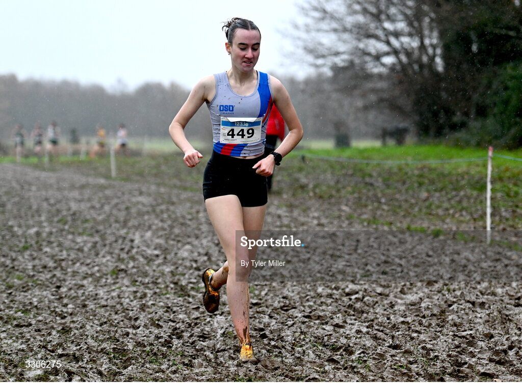 7 December 2025; Sadhbh Hassett of Dundrum South Dublin AC, Dublin, competing in the U19 Girls 5000m during the 123.ie National Novice and Juvenile Uneven Age Cross Country Championships at the Sport Ireland National Cross Country Track in Abbotstown, Dublin. Photo by Tyler Miller/Sportsfile
