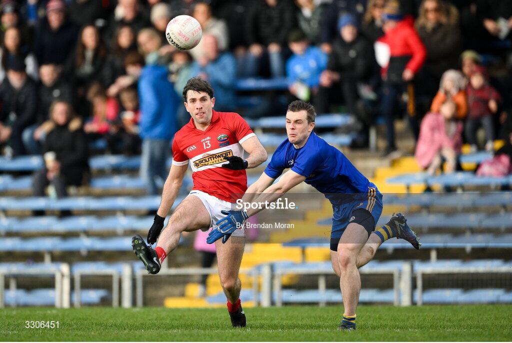 7 December 2025; Conor Geaney of Dingle in action against Alan O'Connor of St Finbarr's during the AIB Munster GAA Football Senior Club Championship final match between Dingle and St Finbarr's at FBD Semple Stadium in Thurles, Tipperary. Photo by Brendan Moran/Sportsfile