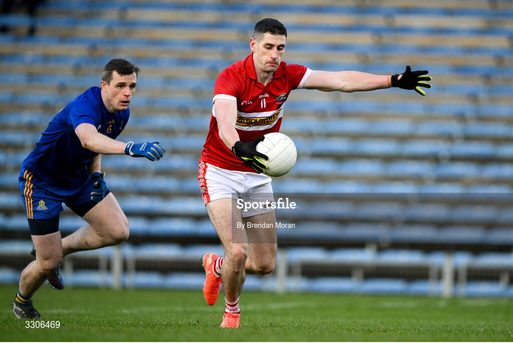 7 December 2025; Paul Geaney of Dingle in action against Alan O'Connor of St Finbarr's during the AIB Munster GAA Football Senior Club Championship final match between Dingle and St Finbarr's at FBD Semple Stadium in Thurles, Tipperary. Photo by Brendan Moran/Sportsfile