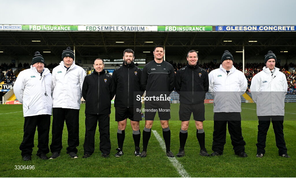 7 December 2025; Referee Chris Maguire with his match officials before the AIB Munster GAA Football Senior Club Championship final match between Dingle and St Finbarr's at FBD Semple Stadium in Thurles, Tipperary. Photo by Brendan Moran/Sportsfile