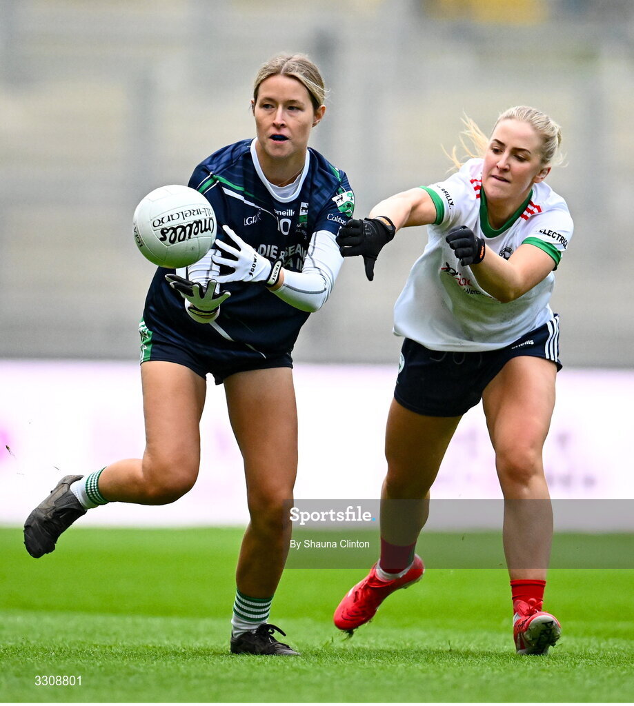 13 December 2025; Rosa Bleahene of Caltra Cuans in action against Sarah McCabe of Knockbride during the AIB All-Ireland Ladies Football Club Intermediate Club Championship final match between Knockbride of Cavan and Caltra Cuans of Galway at Croke Park in Dublin. Photo by Shauna Clinton/Sportsfile