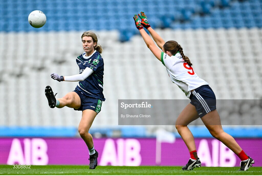 13 December 2025; Aoibheann Fitzpatrick of Caltra Cuans in action against Katie Mai Reilly of Knockbride during the AIB All-Ireland Ladies Football Club Intermediate Club Championship final match between Knockbride of Cavan and Caltra Cuans of Galway at Croke Park in Dublin. Photo by Shauna Clinton/Sportsfile