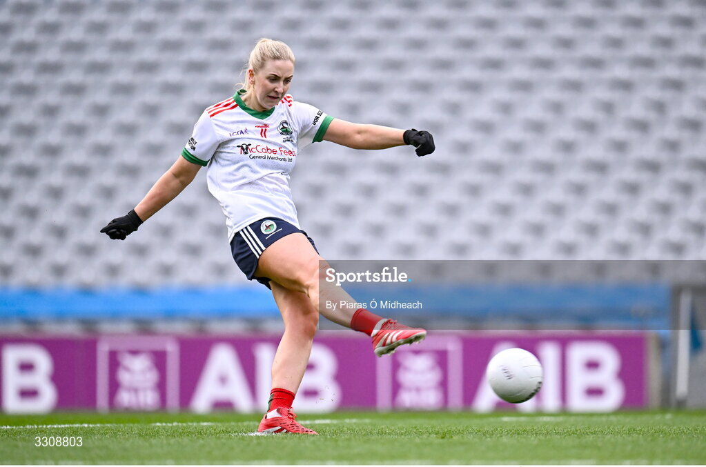 13 December 2025; Sarah McCabe of Knockbride scores her side's first goal, a penalty, during the AIB All-Ireland Ladies Football Club Intermediate Club Championship final match between Knockbride of Cavan and Caltra Cuans of Galway at Croke Park in Dublin. Photo by Piaras Ó Mídheach/Sportsfile