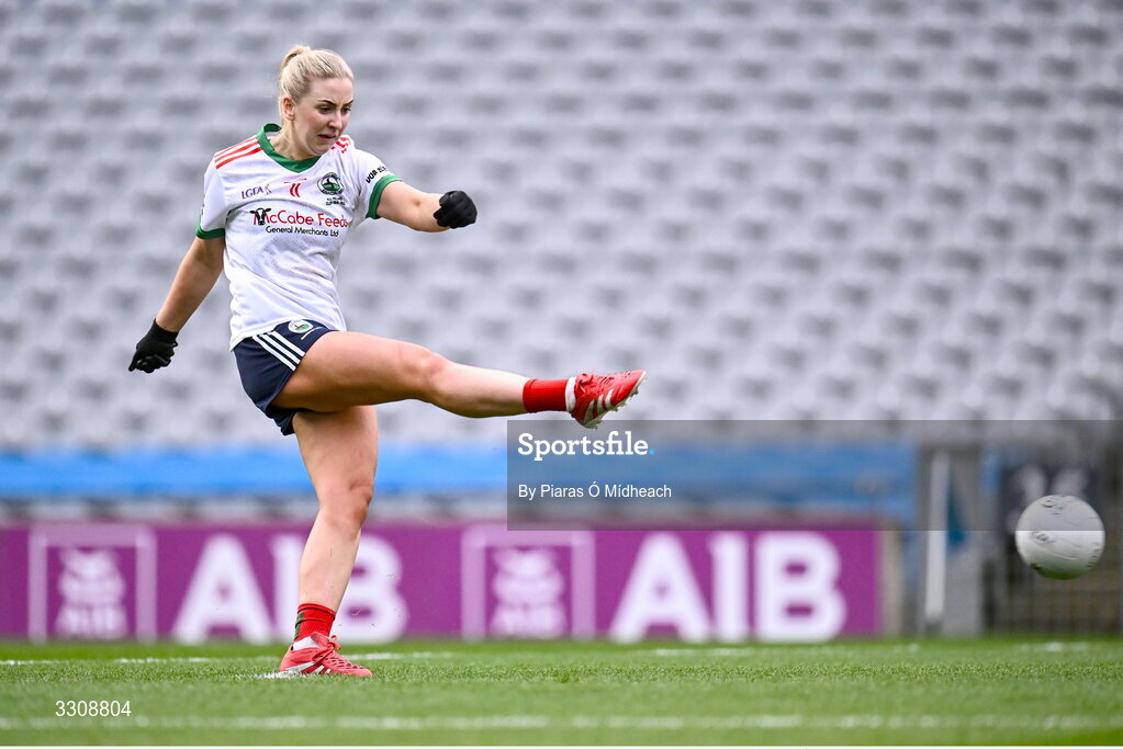 13 December 2025; Sarah McCabe of Knockbride scores her side's first goal, a penalty, during the AIB All-Ireland Ladies Football Club Intermediate Club Championship final match between Knockbride of Cavan and Caltra Cuans of Galway at Croke Park in Dublin. Photo by Piaras Ó Mídheach/Sportsfile