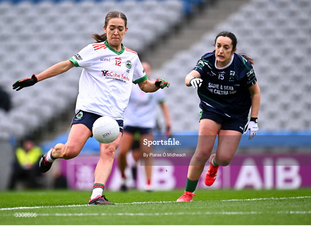 13 December 2025; Aoife Nulty of Knockbride in action against Laura Naughton of Caltra Cuans during the AIB All-Ireland Ladies Football Club Intermediate Club Championship final match between Knockbride of Cavan and Caltra Cuans of Galway at Croke Park in Dublin. Photo by Piaras Ó Mídheach/Sportsfile