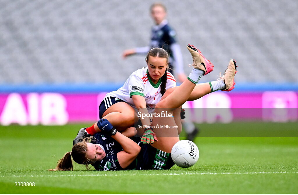 13 December 2025; Niamh Smith of Knockbride in action against Caoimhe McCabe of Caltra Cuans during the AIB All-Ireland Ladies Football Club Intermediate Club Championship final match between Knockbride of Cavan and Caltra Cuans of Galway at Croke Park in Dublin. Photo by Piaras Ó Mídheach/Sportsfile
