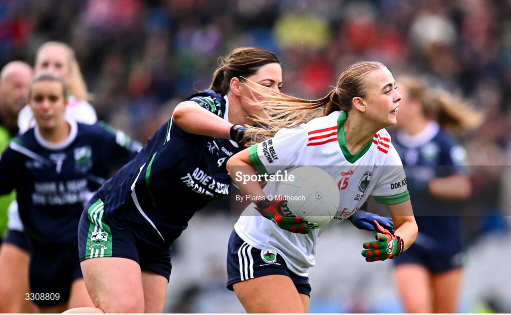 13 December 2025; Abbi Connor of Knockbride in action against Caoimhe McCabe of Caltra Cuans during the AIB All-Ireland Ladies Football Club Intermediate Club Championship final match between Knockbride of Cavan and Caltra Cuans of Galway at Croke Park in Dublin. Photo by Piaras Ó Mídheach/Sportsfile