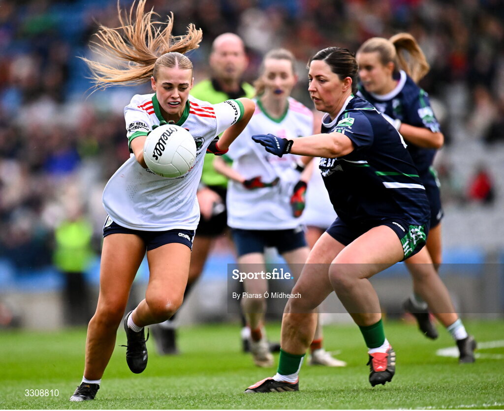 13 December 2025; Abbi Connor of Knockbride in action against Caoimhe McCabe of Caltra Cuans during the AIB All-Ireland Ladies Football Club Intermediate Club Championship final match between Knockbride of Cavan and Caltra Cuans of Galway at Croke Park in Dublin. Photo by Piaras Ó Mídheach/Sportsfile