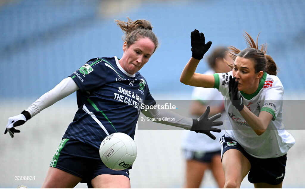 13 December 2025; Sarah Noone of Caltra Cuans in action against Siobhán Divilly of Kilkerrin-Clonberne during the AIB All-Ireland Ladies Football Club Intermediate Club Championship final match between Knockbride of Cavan and Caltra Cuans of Galway at Croke Park in Dublin. Photo by Shauna Clinton/Sportsfile