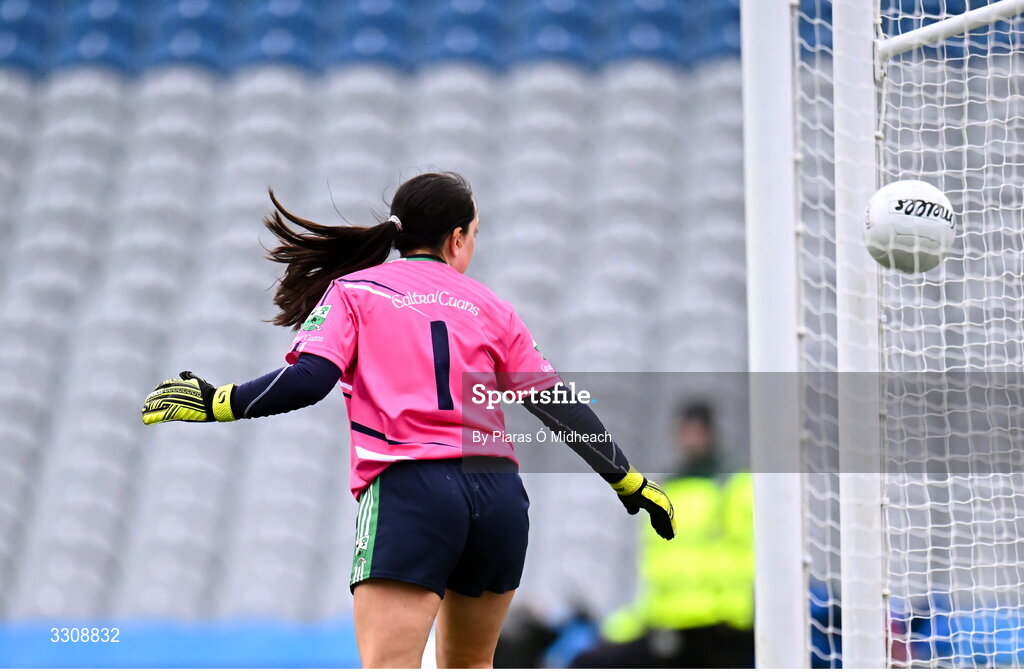13 December 2025; Caltra Cuans goalkeeper Theresa Loughnane is beaten for Knockbride's second goal during the AIB All-Ireland Ladies Football Club Intermediate Club Championship final match between Knockbride of Cavan and Caltra Cuans of Galway at Croke Park in Dublin. Photo by Piaras Ó Mídheach/Sportsfile