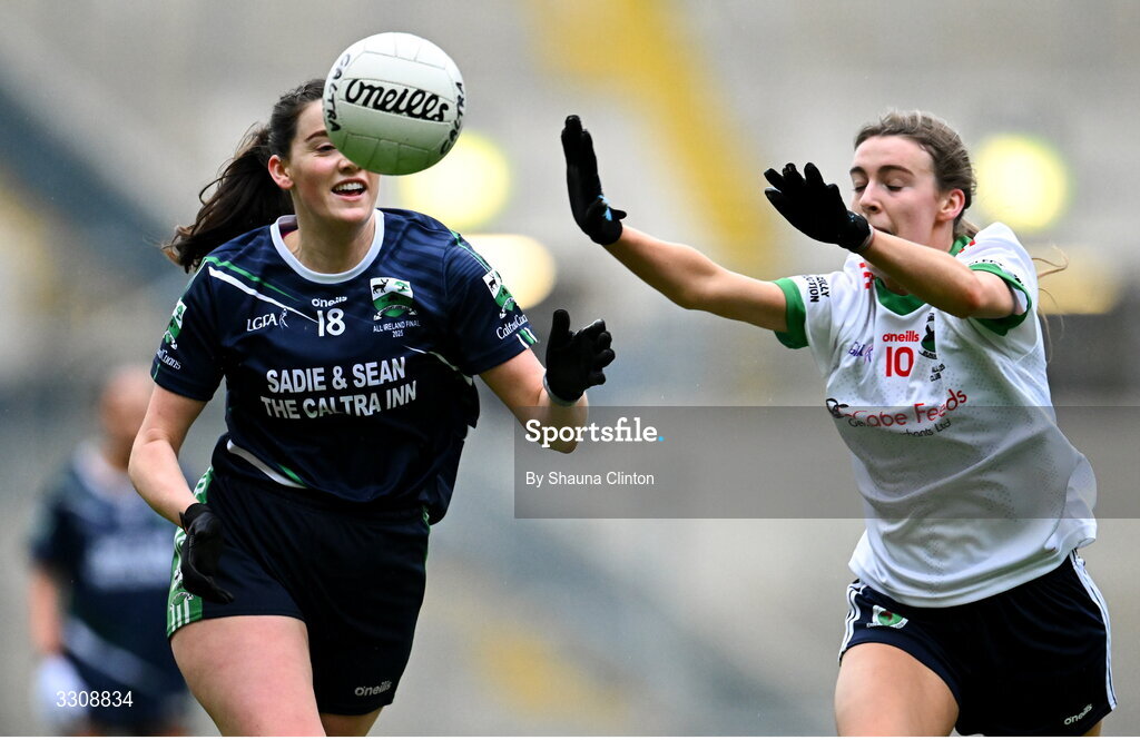 13 December 2025; Meghan Kelly of Caltra Cuans in action against Gia McCabe of Knockbride during the AIB All-Ireland Ladies Football Club Intermediate Club Championship final match between Knockbride of Cavan and Caltra Cuans of Galway at Croke Park in Dublin. Photo by Shauna Clinton/Sportsfile