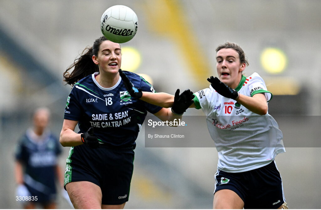13 December 2025; Meghan Kelly of Caltra Cuans in action against Gia McCabe of Knockbride during the AIB All-Ireland Ladies Football Club Intermediate Club Championship final match between Knockbride of Cavan and Caltra Cuans of Galway at Croke Park in Dublin. Photo by Shauna Clinton/Sportsfile
