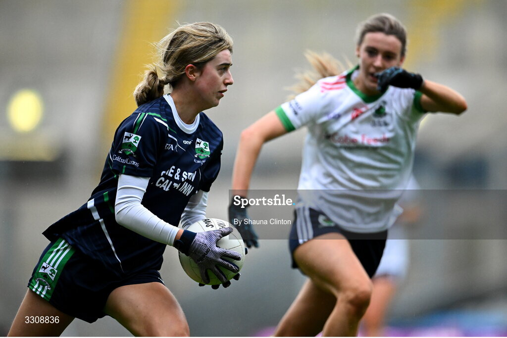 13 December 2025; Aoibheann Fitzpatrick of Caltra Cuans in action against Gia McCabe of Knockbride during the AIB All-Ireland Ladies Football Club Intermediate Club Championship final match between Knockbride of Cavan and Caltra Cuans of Galway at Croke Park in Dublin. Photo by Shauna Clinton/Sportsfile