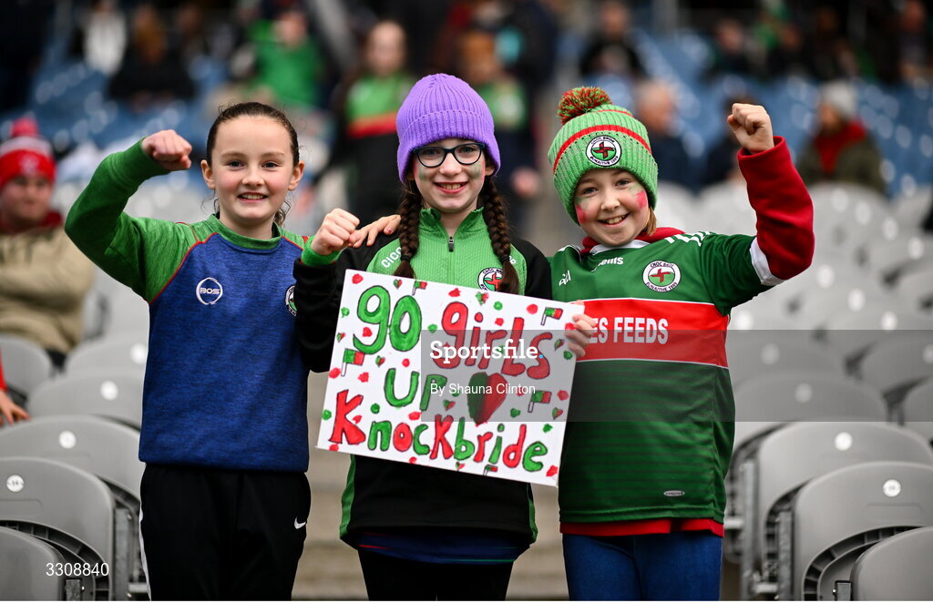13 December 2025; Knockbride supporters before the AIB All-Ireland Ladies Football Club Intermediate Club Championship final match between Knockbride of Cavan and Caltra Cuans of Galway at Croke Park in Dublin. Photo by Shauna Clinton/Sportsfile