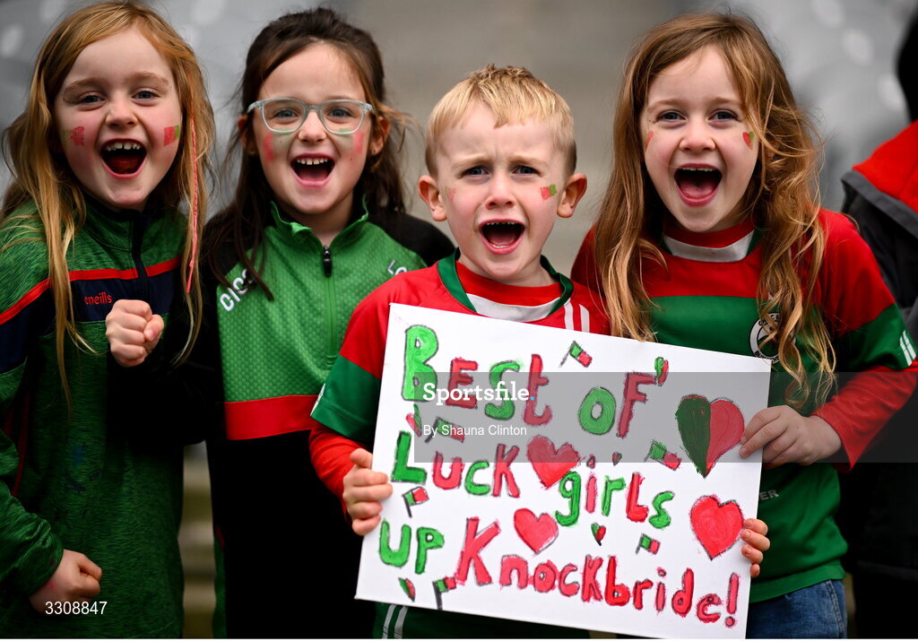 13 December 2025; Knockbride supporters before the AIB All-Ireland Ladies Football Club Intermediate Club Championship final match between Knockbride of Cavan and Caltra Cuans of Galway at Croke Park in Dublin. Photo by Shauna Clinton/Sportsfile