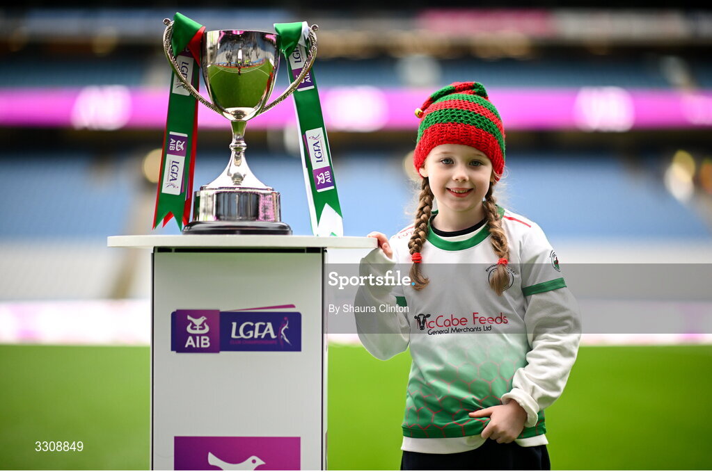 13 December 2025; Knockbride mascot Erin O'Brien with the cup before the AIB All-Ireland Ladies Football Club Intermediate Club Championship final match between Knockbride of Cavan and Caltra Cuans of Galway at Croke Park in Dublin. Photo by Shauna Clinton/Sportsfile