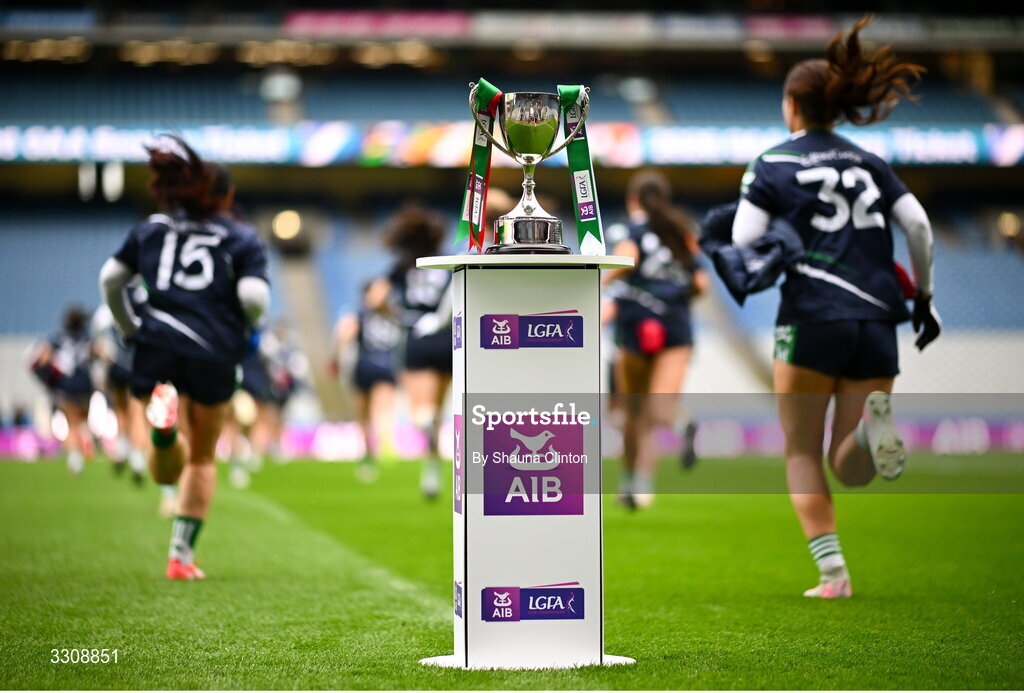 13 December 2025; Caltra Cuans players run onto the pitch before  the AIB All-Ireland Ladies Football Club Intermediate Club Championship final match between Knockbride of Cavan and Caltra Cuans of Galway at Croke Park in Dublin. Photo by Shauna Clinton/Sportsfile