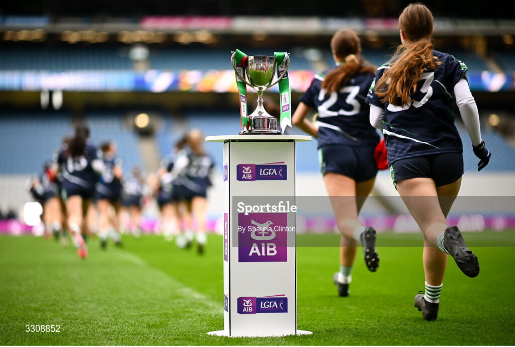 13 December 2025; Caltra Cuans players run onto the pitch before  the AIB All-Ireland Ladies Football Club Intermediate Club Championship final match between Knockbride of Cavan and Caltra Cuans of Galway at Croke Park in Dublin. Photo by Shauna Clinton/Sportsfile