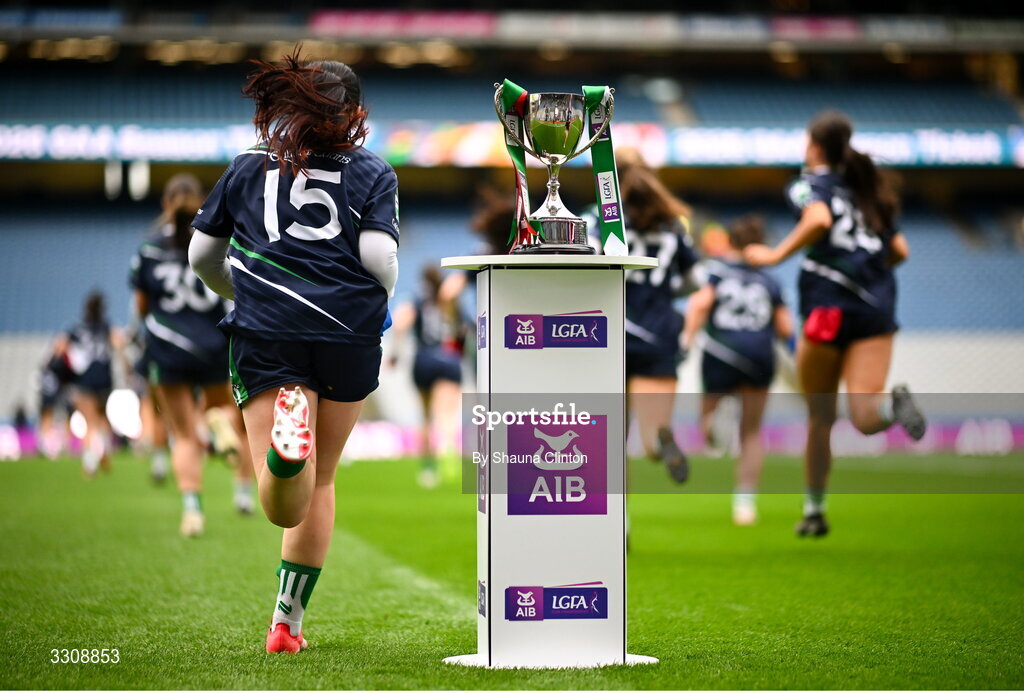 13 December 2025; Caltra Cuans players run onto the pitch before  the AIB All-Ireland Ladies Football Club Intermediate Club Championship final match between Knockbride of Cavan and Caltra Cuans of Galway at Croke Park in Dublin. Photo by Shauna Clinton/Sportsfile