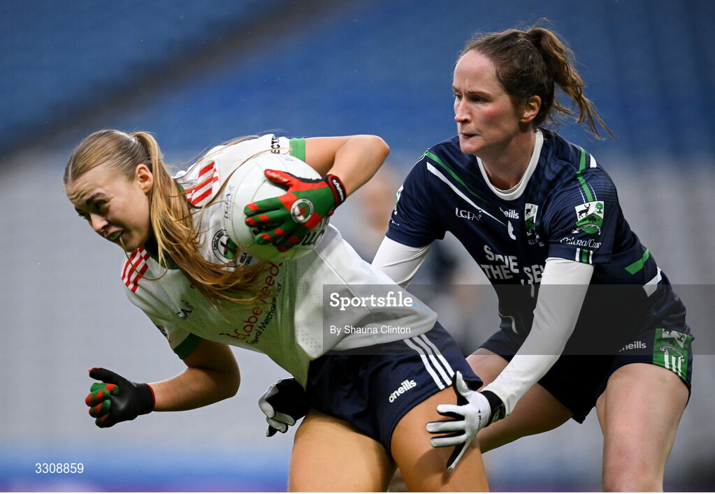 13 December 2025; Abbi Connor of Knockbride in action against Sarah Noone of Caltra Cuans during the AIB All-Ireland Ladies Football Club Intermediate Club Championship final match between Knockbride of Cavan and Caltra Cuans of Galway at Croke Park in Dublin. Photo by Shauna Clinton/Sportsfile