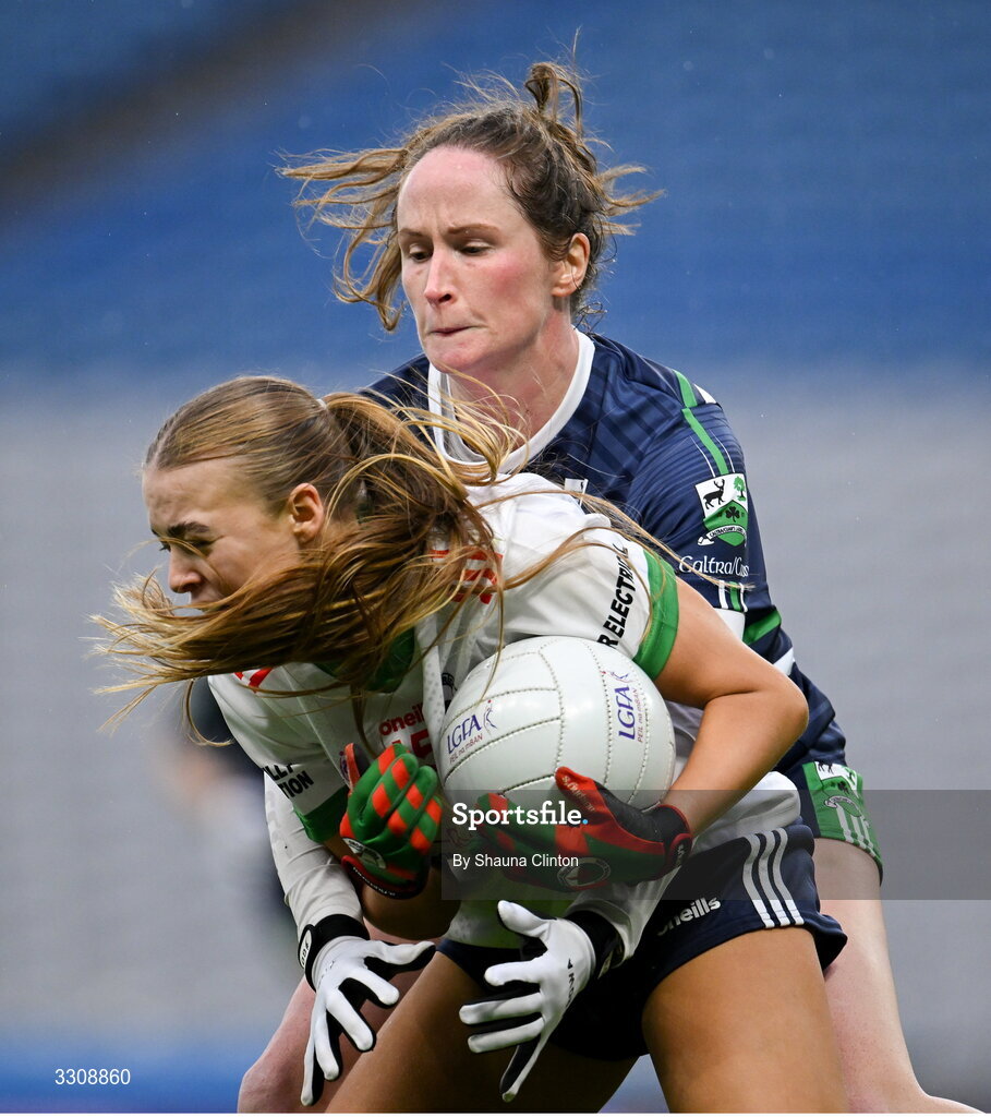 13 December 2025; Abbi Connor of Knockbride in action against Sarah Noone of Caltra Cuans during the AIB All-Ireland Ladies Football Club Intermediate Club Championship final match between Knockbride of Cavan and Caltra Cuans of Galway at Croke Park in Dublin. Photo by Shauna Clinton/Sportsfile