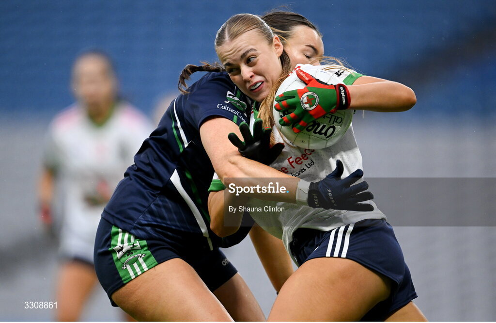 13 December 2025; Abbi Connor of Knockbride in action against Nicole Conway of Caltra Cuans during the AIB All-Ireland Ladies Football Club Intermediate Club Championship final match between Knockbride of Cavan and Caltra Cuans of Galway at Croke Park in Dublin. Photo by Shauna Clinton/Sportsfile