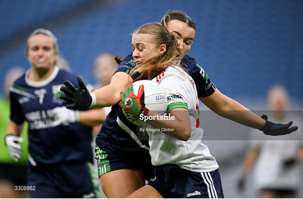 13 December 2025; Abbi Connor of Knockbride in action against Nicole Conway of Caltra Cuans during the AIB All-Ireland Ladies Football Club Intermediate Club Championship final match between Knockbride of Cavan and Caltra Cuans of Galway at Croke Park in Dublin. Photo by Shauna Clinton/Sportsfile