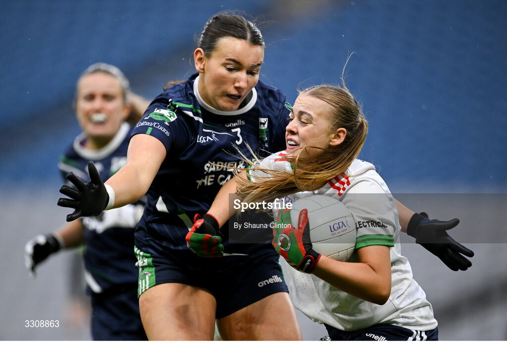 13 December 2025; Abbi Connor of Knockbride in action against Nicole Conway of Caltra Cuans during the AIB All-Ireland Ladies Football Club Intermediate Club Championship final match between Knockbride of Cavan and Caltra Cuans of Galway at Croke Park in Dublin. Photo by Shauna Clinton/Sportsfile