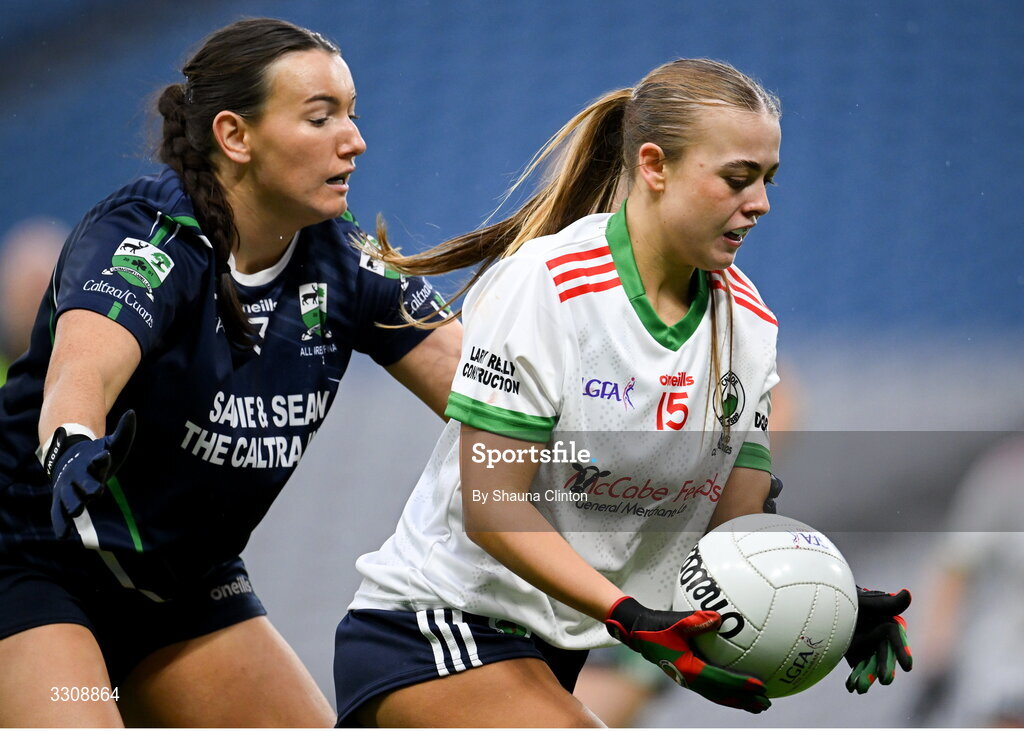 13 December 2025; Abbi Connor of Knockbride in action against Nicole Conway of Caltra Cuans during the AIB All-Ireland Ladies Football Club Intermediate Club Championship final match between Knockbride of Cavan and Caltra Cuans of Galway at Croke Park in Dublin. Photo by Shauna Clinton/Sportsfile