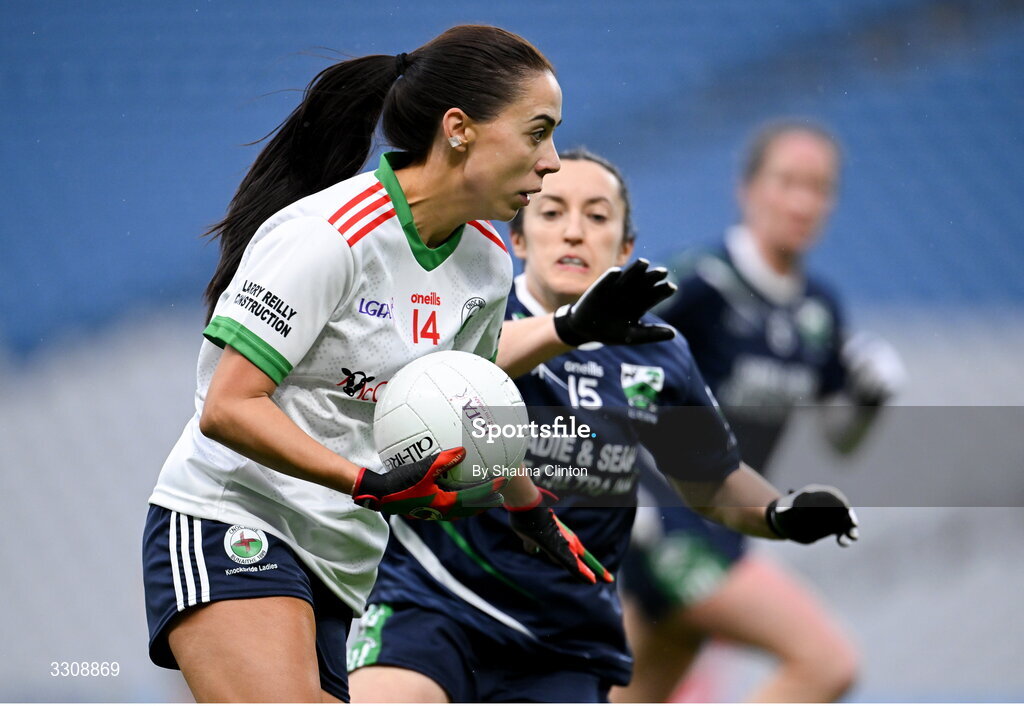 13 December 2025; Katie Rogers of Knockbride in action against Laura Naughton of Caltra Cuans during the AIB All-Ireland Ladies Football Club Intermediate Club Championship final match between Knockbride of Cavan and Caltra Cuans of Galway at Croke Park in Dublin. Photo by Shauna Clinton/Sportsfile