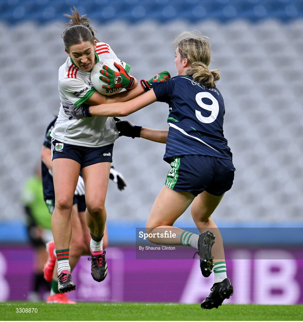 13 December 2025; Aoife Nulty of Knockbride in action against Aoibheann Fitzpatrick of Caltra Cuans during the AIB All-Ireland Ladies Football Club Intermediate Club Championship final match between Knockbride of Cavan and Caltra Cuans of Galway at Croke Park in Dublin. Photo by Shauna Clinton/Sportsfile