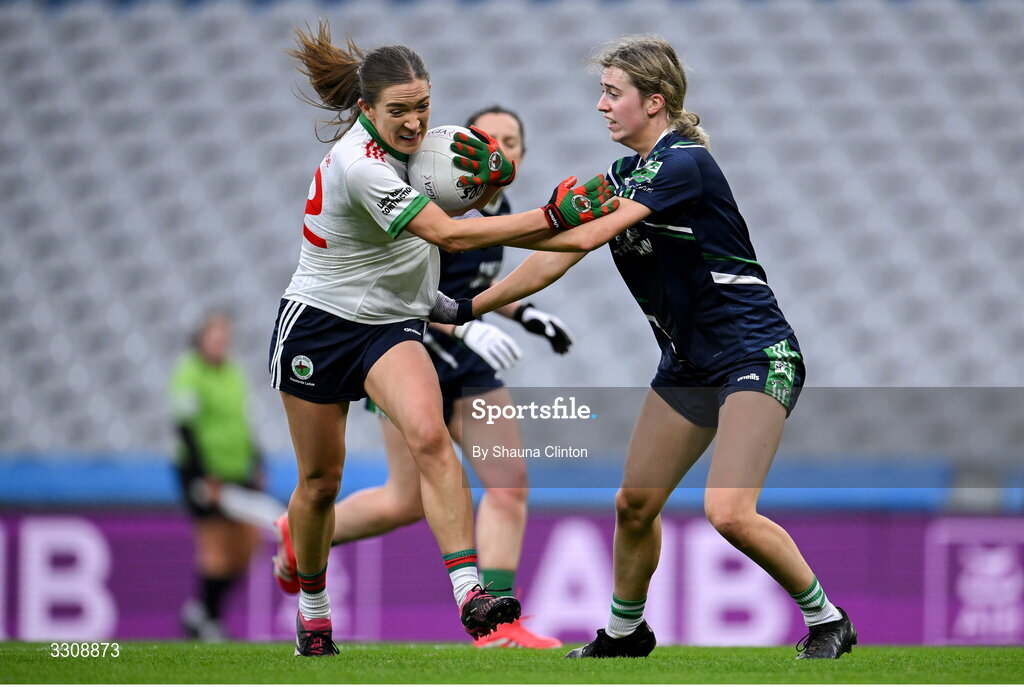 13 December 2025; Aoife Nulty of Knockbride in action against Aoibheann Fitzpatrick of Caltra Cuans during the AIB All-Ireland Ladies Football Club Intermediate Club Championship final match between Knockbride of Cavan and Caltra Cuans of Galway at Croke Park in Dublin. Photo by Shauna Clinton/Sportsfile