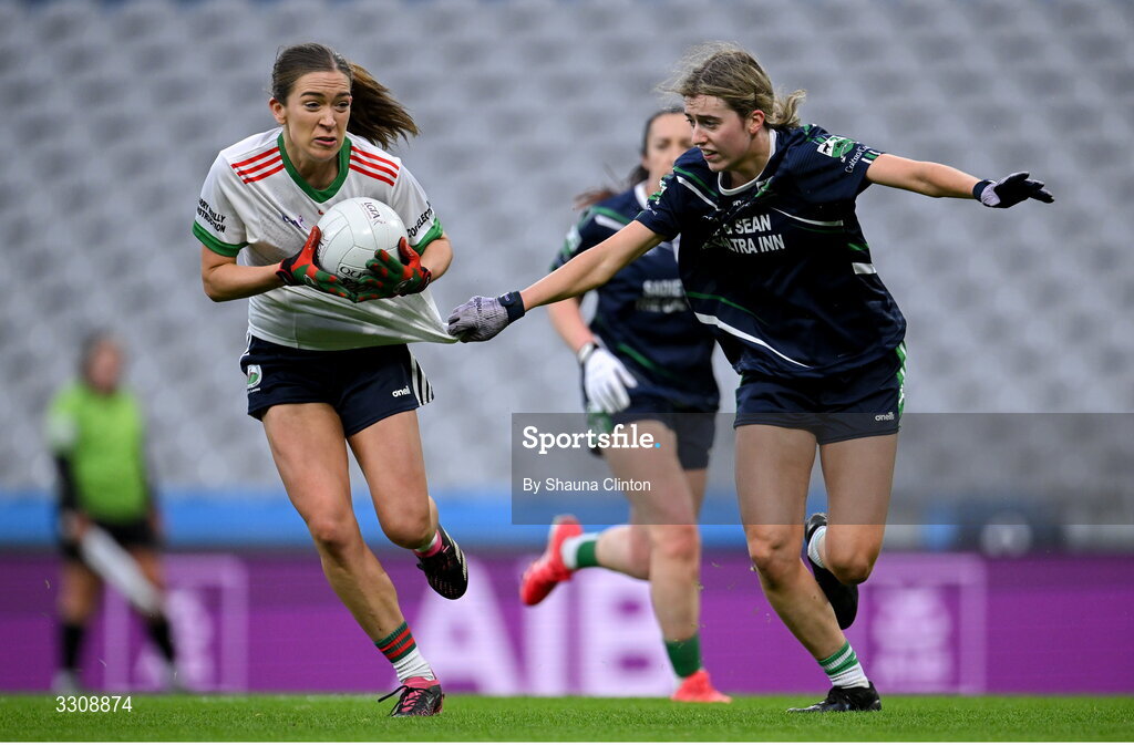 13 December 2025; Aoife Nulty of Knockbride in action against Aoibheann Fitzpatrick of Caltra Cuans during the AIB All-Ireland Ladies Football Club Intermediate Club Championship final match between Knockbride of Cavan and Caltra Cuans of Galway at Croke Park in Dublin. Photo by Shauna Clinton/Sportsfile